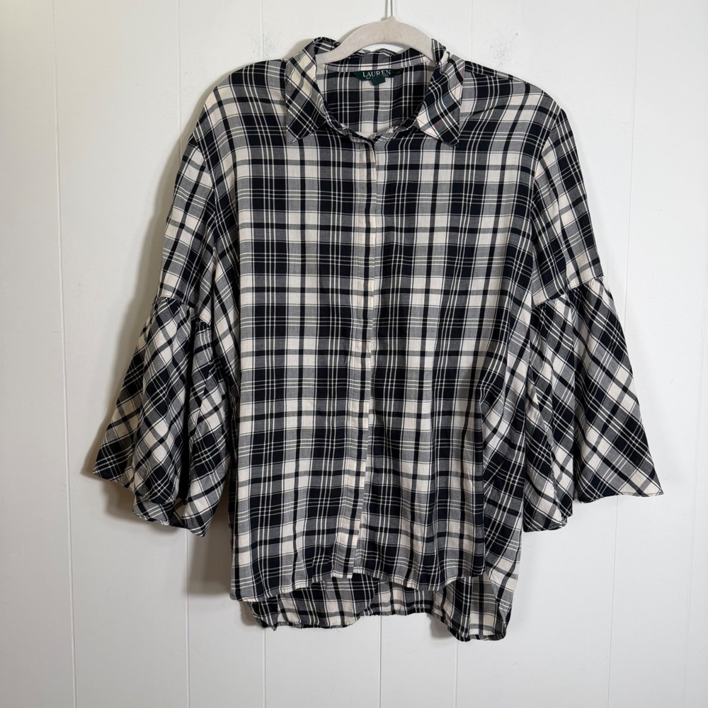 Ralph Lauren LRL Black White Plaid Bell Sleeve Button Down Shirt Size Large